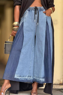 Blue Casual Print Contrast Loose Denim Jeans