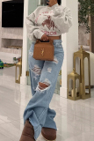 Blue Sexy Solid Color Hollow Out Loose Denim Jeans