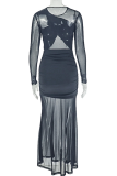 Black Elegant Solid Color Mesh O Neck Long Dresses