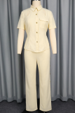 Apricot Casual Solid Color Hollow Out Strap Design Turndown Collar Short Sleeve Two Pieces