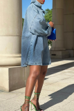 Blue Solid Color Zipper Turndown Collar Long Sleeve Loose Denim Dresses