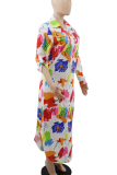 Red Casual Print Buckle Shirt Collar Shirt Dresses