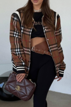 Dark Coffee Casual Plaid Zipper Zipper Collar Outerwear