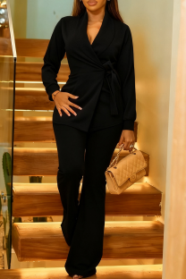 Black Casual Solid Color Strap Design Turn-back Collar Long Sleeve Two Pieces