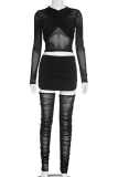 Black Sexy Solid Color Mesh O Neck Long Sleeve Two Pieces