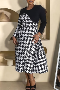 Black And White Casual Print Contrast O Neck Long Dresses