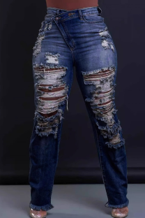 Deep Blue Street Solid Color Ripped Buttons Patchwork Zipper Mid Waist Regular Denim Jeans