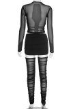 Black Sexy Solid Color Mesh O Neck Long Sleeve Two Pieces