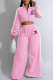Pink Casual Letters Contrast Zipper Collar Long Sleeve Two Pieces
