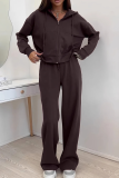 Brown Casual Solid Color Zipper Hooded Long Sleeve Two Pieces