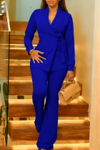 Blue Casual Solid Color Strap Design Turn-back Collar Long Sleeve Two Pieces