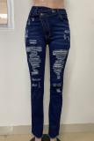 Deep Blue Street Solid Color Ripped Buttons Patchwork Zipper Mid Waist Regular Denim Jeans