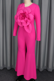 Rose Red Casual Solid Color Flower Shape Asymmetrical Collar Dresses