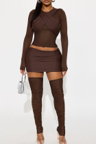 Brown Sexy Solid Color Mesh O Neck Long Sleeve Two Pieces