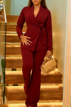 Burgundy Casual Solid Color Strap Design Turn-back Collar Long Sleeve Two Pieces