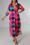 Red Casual Print Buckle Shirt Collar Shirt Dresses