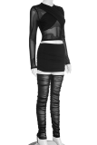 Black Sexy Solid Color Mesh O Neck Long Sleeve Two Pieces