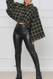Green Casual Plaid Buckle Turndown Collar Tops