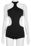 Black Sexy Solid Color Hollow Out O Neck Skinny Rompers