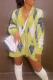 Green Casual Plaid Fringed Trim V Neck Outerwear