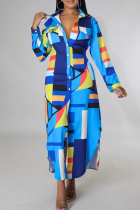 Blue Casual Print Buckle Shirt Collar Shirt Dresses