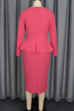 Watermelon Red Elegant Solid Color Flower Shape Oblique Collar Pencil Skirt Dresses