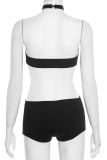 Black Sexy Solid Color Hollow Out O Neck Skinny Rompers