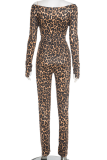 Leopard Print Sexy Leopard Print Patchwork O Neck Long Sleeve Two Pieces