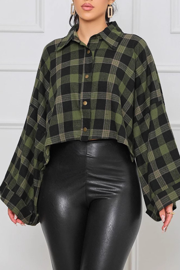 Green Casual Plaid Buckle Turndown Collar Tops