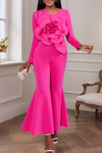 Rose Red Casual Solid Color Flower Shape Asymmetrical Collar Dresses