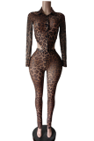 Dark Brown Sexy Leopard Print See-Through Deep V Neck Long Sleeve Two Pieces