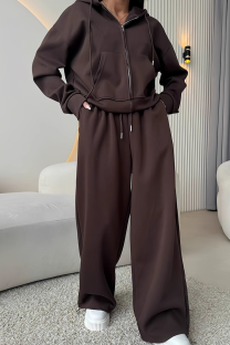 Brown Casual Solid Color Zipper Hooded Long Sleeve Two Pieces