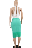 White Green Elegant Solid Color Fringed Trim Contrast Halter Sleeveless Two Pieces