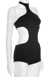 Black Sexy Solid Color Hollow Out O Neck Skinny Rompers