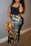 Black Casual Print Fringed Trim Boot Cut Mid Waist Patchwork Bottoms