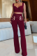 Burgundy Sexy Solid Color Patchwork Spaghetti Strap Sleeveless Two Pieces