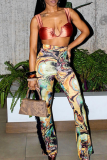 Black Casual Print Fringed Trim Boot Cut Mid Waist Patchwork Bottoms