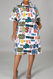 White Casual Print Draw String Hooded Straight Dresses