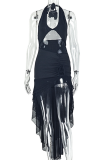 Black Sexy Solid Color Backless Flower Shape Halter Long Dresses