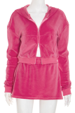Rose Red Casual Solid Color Zipper Hooded Long Sleeve Two Pieces