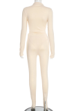 Apricot Casual Solid Color Patchwork O Neck Long Sleeve Two Pieces