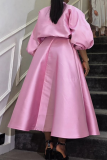 Pink Elegant Solid Color Patchwork Mandarin Collar Long Sleeve Two Pieces