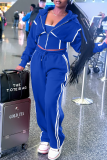 Blue Casual Contrast Hooded Long Sleeve Three Pieces