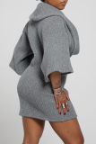 Grey Elegant Solid Color V Neck Wrapped Skirt Dresses