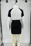 Coffee Casual Zipper Contrast Turndown Collar Long Sleeve Two Pieces