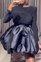 Black Elegant Solid Color Ruched O Neck Long Sleeve Two Pieces
