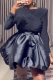 Black Elegant Solid Color Ruched O Neck Long Sleeve Two Pieces