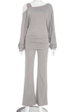 Dark Gray Casual Solid Color Hollow Out Oblique Collar Long Sleeve Two Pieces