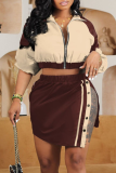 Coffee Casual Zipper Contrast Turndown Collar Long Sleeve Two Pieces
