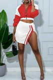 Coffee Casual Zipper Contrast Turndown Collar Long Sleeve Two Pieces